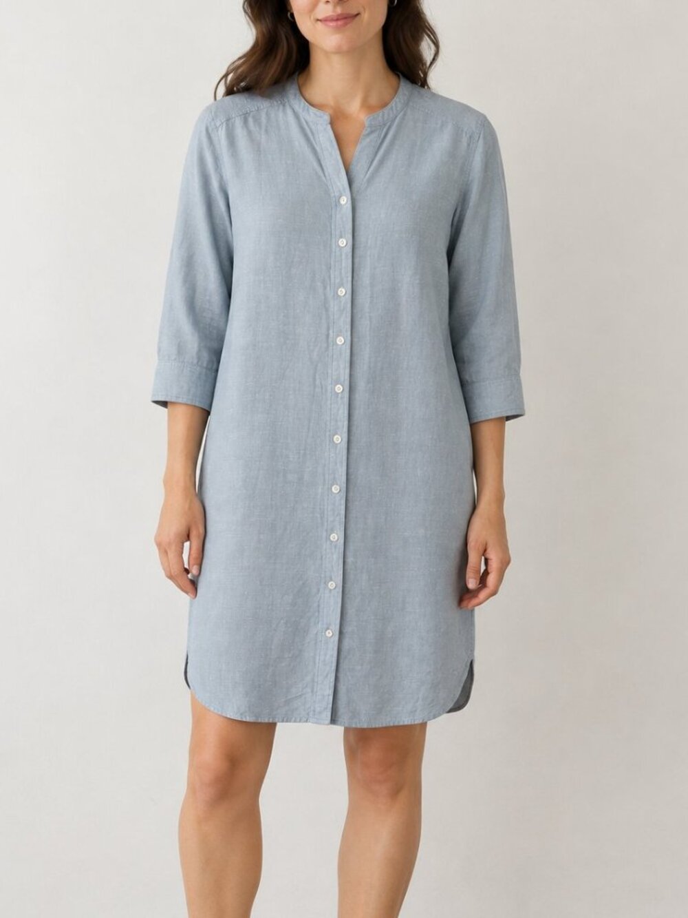 Ann Taylor Linen Blend Shirt Dress S Blue 3/4 Sleeve Button Front